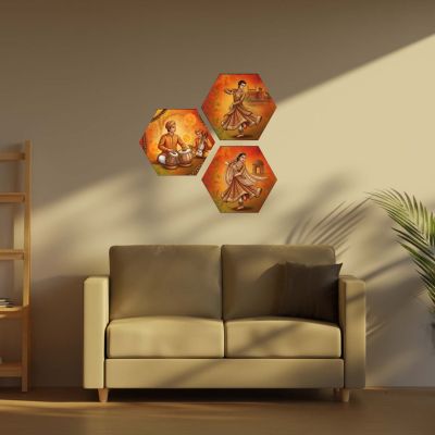Set of 3 Hexagonal Shape Indian Classical Kathak Dance Wall Art Decor Traditional Musician and Dancer Theme Decor for Living Room, Office, and Cultural Wall Decoration
